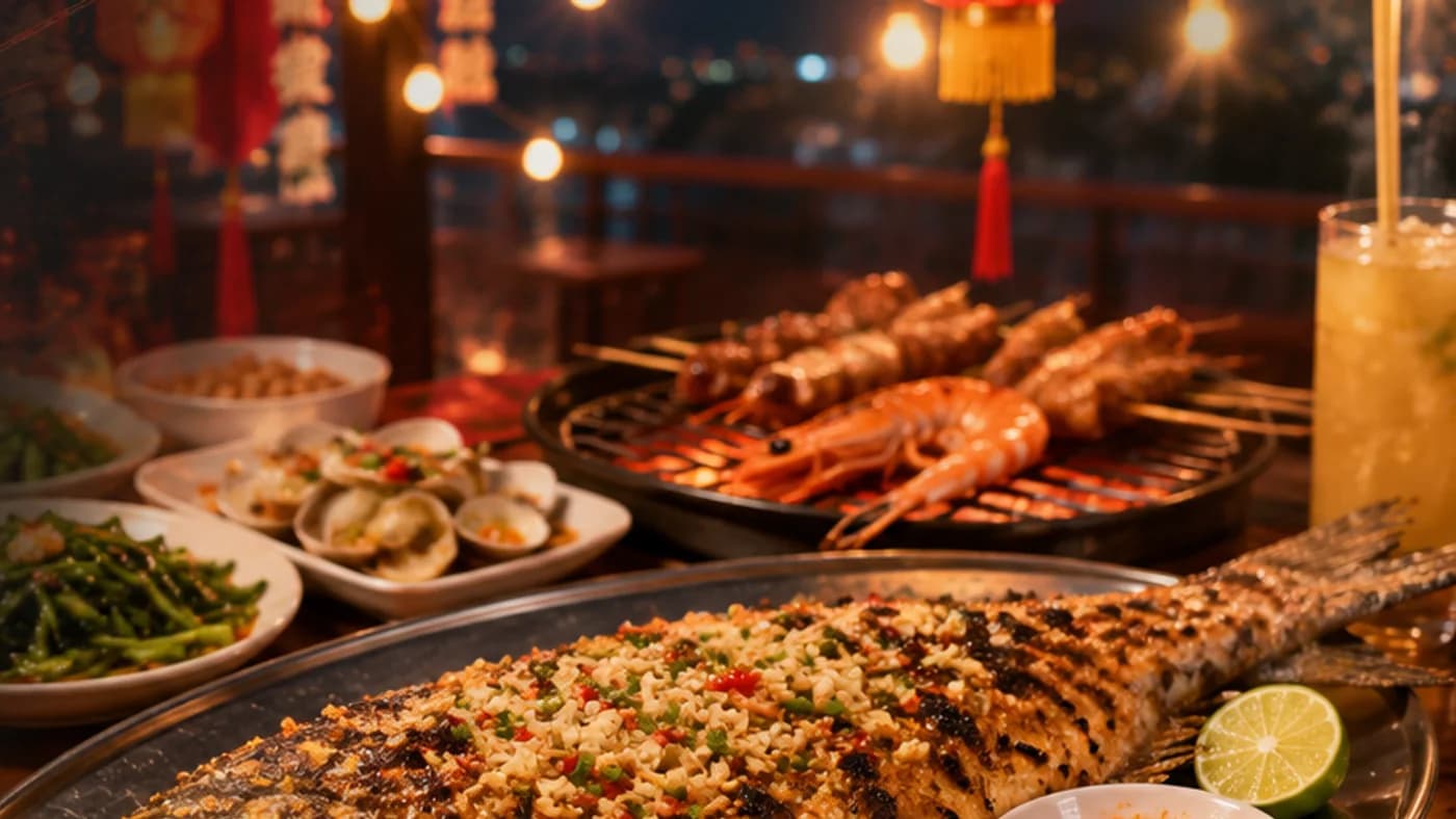 Grilled fish and Chinese BBQ dining spread for the Shan Deng BBQ testing page